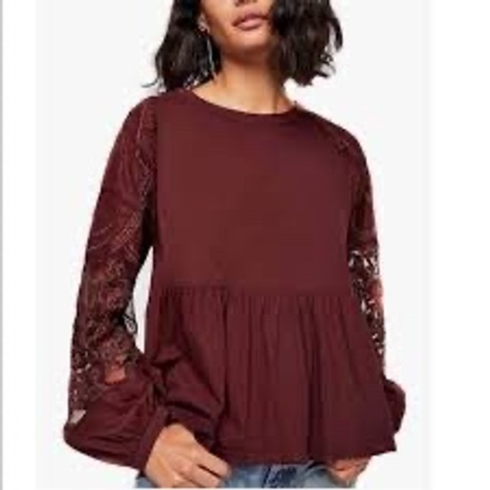 Free People Penny Peplum Top Maroon Embroidered Floral Lace Sleeve Blouse Small